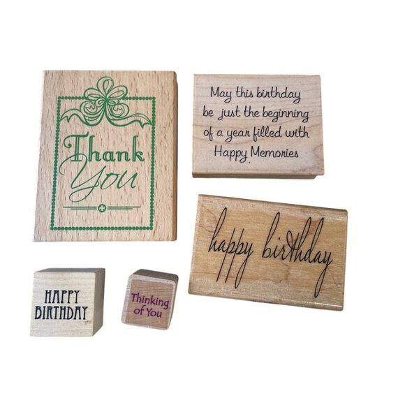 Wooden Rubber Stamps Set with Thank You Happy Birthday Thinking of You Designs - Picture 1 of 2